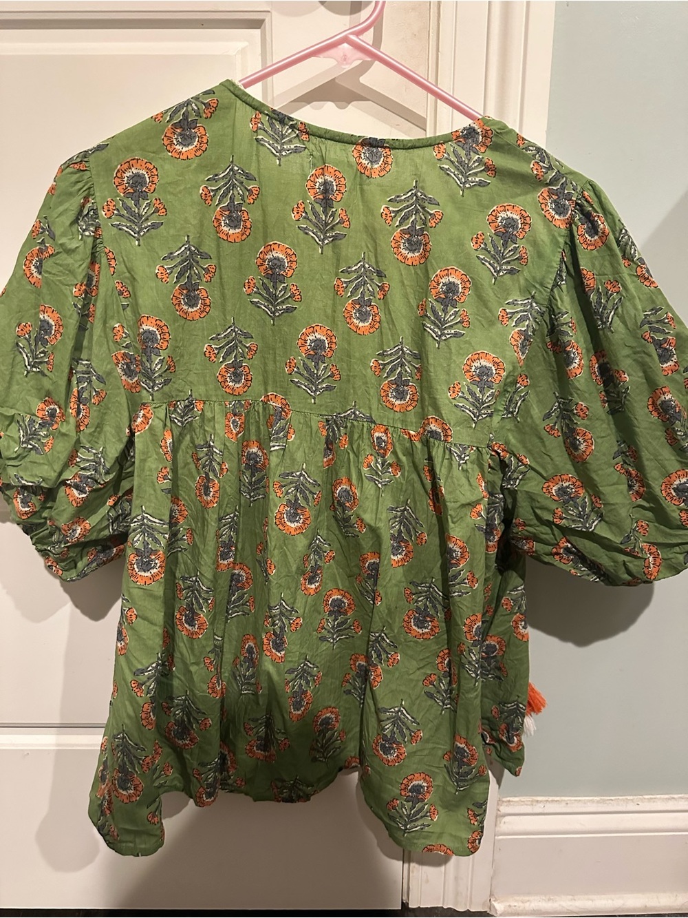 THML Olive Green Floral Tie-Front Puff Sleeve Blouse - Picture 5 of 5